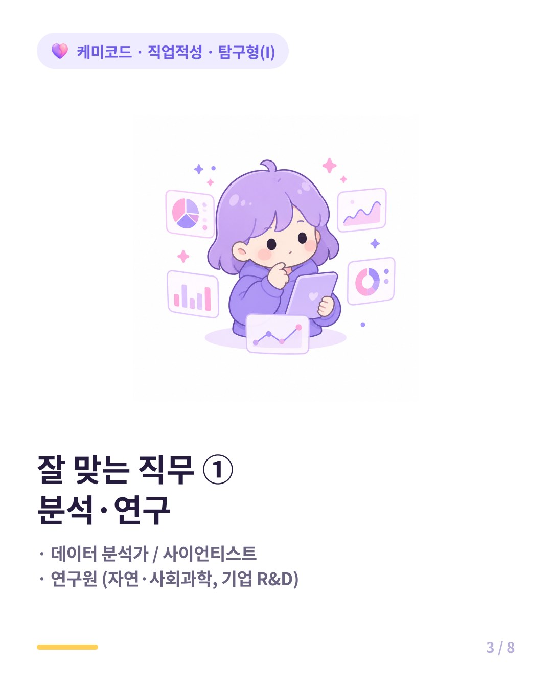 탐구형에게 잘 맞는 직무는 데이터 분석가와 연구원 계열이다