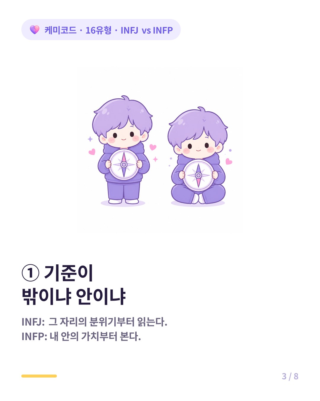 INFJ의 감정 기준은 밖을 향하고 INFP의 감정 기준은 안을 향한다
