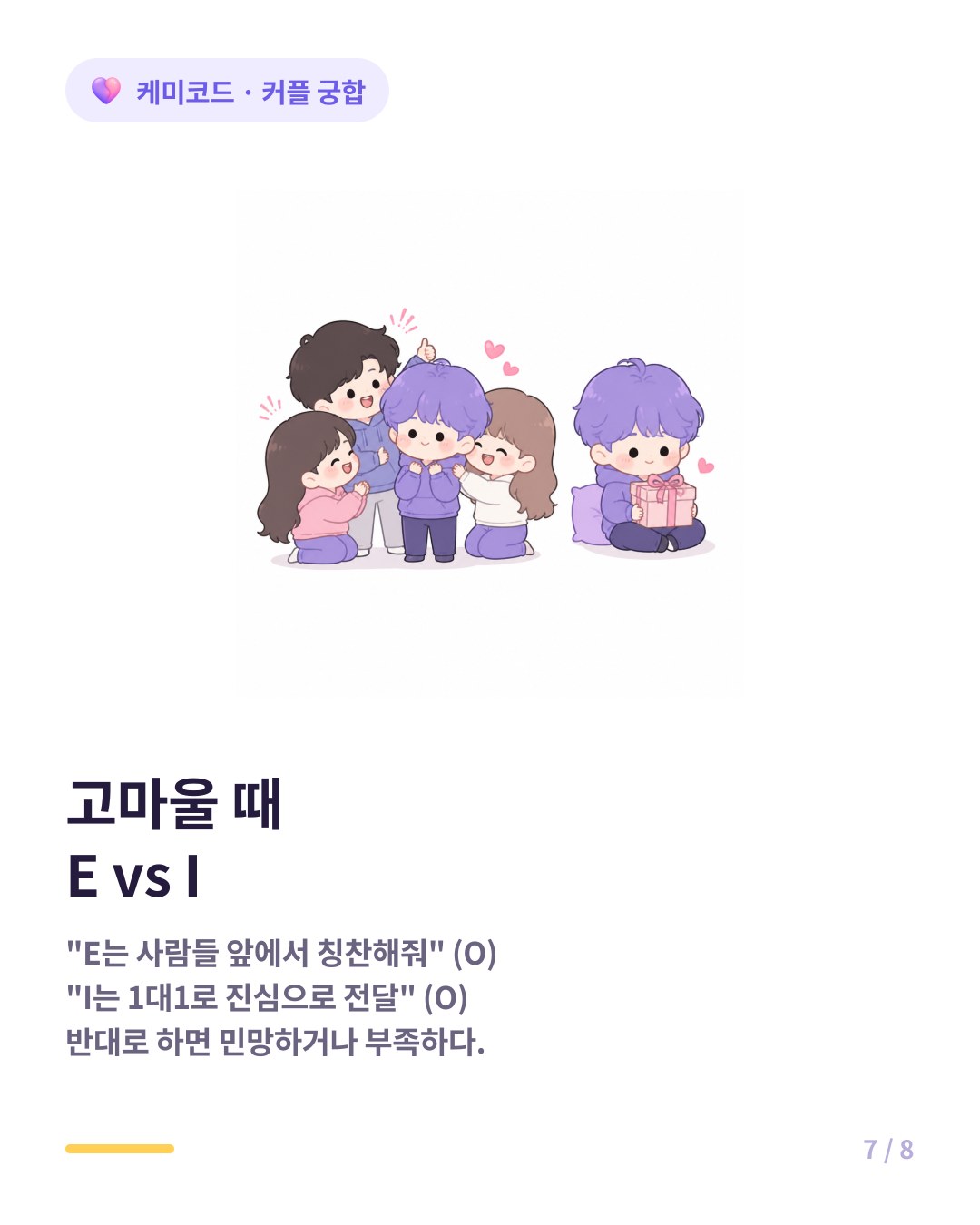 고마울 때 칭찬할 때 E 외향형에게는 공개 칭찬 I 내향형에게는 1대1 진심 전달
