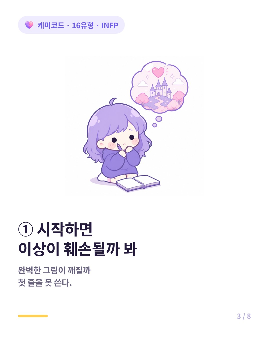 INFP는 첫 줄을 쓰면 머릿속 이상적 이미지가 훼손될까 봐 시작조차 못 한다