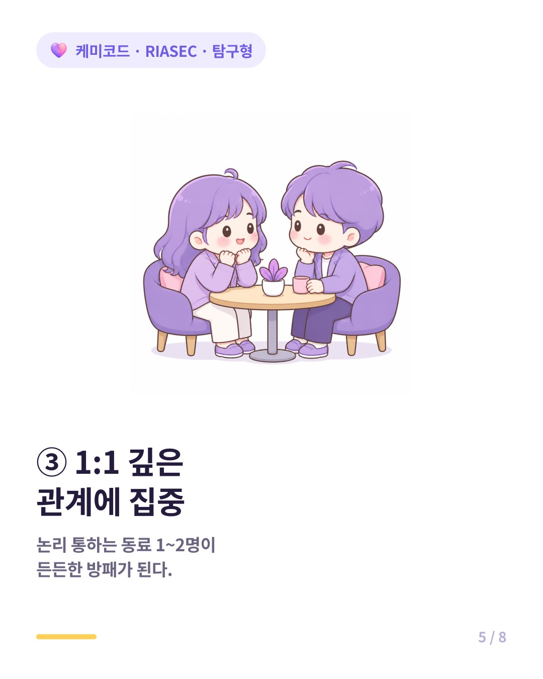 탐구형은 시끌벅적한 모임 대신 논리 통하는 동료와 1대 1 깊은 관계에 집중한다